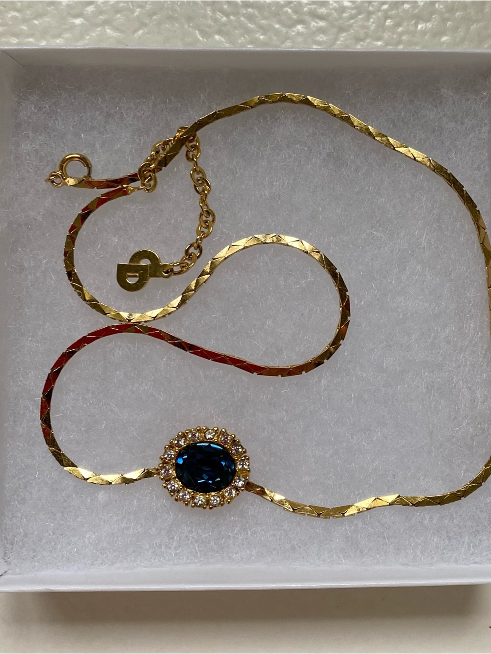 Gold-Plated Necklace with Deep Blue Crystal Pendant